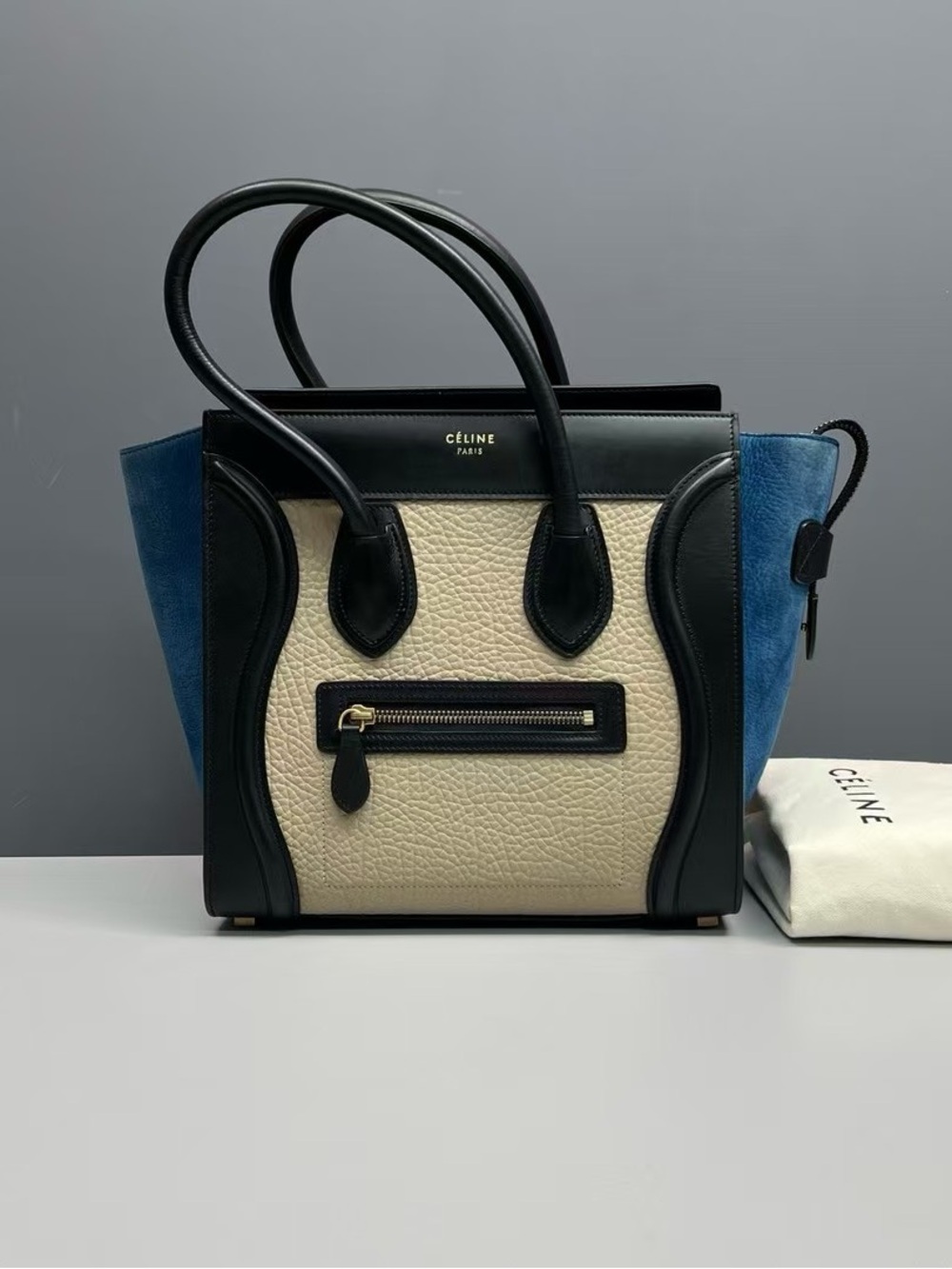 Celine Tricolor Tote in Blue, Black & Cream